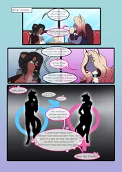 Size: 3472x4911 | Tagged: safe, artist:blackblood-queen, derpibooru import, oc, oc:brigadeiro drizzle, oc:dusk flame, oc:lady lovegreen, unofficial characters only, anthro, dracony, dragon, hybrid, pegasus, pony, unguligrade anthro, comic:be there, anthro oc, comic, crossdressing, dialogue, drag queen, eyeshadow, fangs, hair over one eye, lipstick, makeup, pegasus oc, sitting, slit eyes, speech bubble, wings