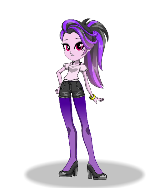 Size: 558x640 | Tagged: safe, derpibooru import, oc, oc:glitter edge, unofficial characters only, equestria girls, bra, bra strap, clothes, equestria girls creator, high heels, shoes, shorts, shoulderless, socks, stockings, thigh highs, underwear