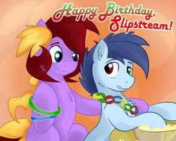 Size: 1800x1442 | Tagged: safe, derpibooru import, oc, oc:corduroy road, oc:slipstream, unofficial characters only, earth pony, birthday, duo, earthy pony oc, food, happy birthday, male, party, popcorn, stallion