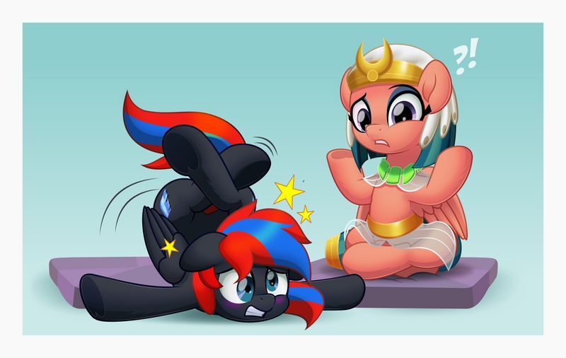 Size: 800x506 | Tagged: safe, artist:jhayarr23, derpibooru import, somnambula, oc, oc:smooth walker, pegasus, pony, duo, egyptian, egyptian pony, faceplant, fail, lotus position, male, meditating, meditation, omnambula, stallion