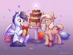 Size: 4372x3319 | Tagged: safe, artist:buttersprinkle, derpibooru import, oc, oc:slipstream, oc:sock, unofficial characters only, earth pony, pegasus, balloon, birthday, birthday cake, cake, clothes, commission, confetti, duo, earth pony oc, food, hairpin, pegasus oc, present, socks, wings