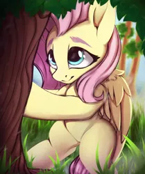 Size: 530x635 | Tagged: artist:hitbass, cute, derpibooru import, female, fluttershy, fluttertree, grass, mare, pegasus, safe, shyabetes, touch, tree