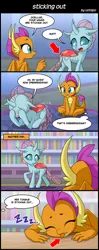 Size: 800x2020 | Tagged: safe, artist:uotapo, derpibooru import, ocellus, smolder, changedling, changeling, dragon, 4koma, :p, blushing, butt, comic, confused, covering eyes, cute, embarrassed, mlem, onomatopoeia, plot, silly, sleeping, smolderbetes, sound effects, tongue out, translation, wings, zzz
