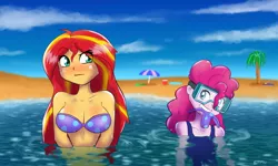 Size: 1000x600 | Tagged: suggestive, artist:empyu, derpibooru import, pinkie pie, sunset shimmer, equestria girls, 30 minute art challenge, beach, bikini, blushing, boob blush, breasts, busty sunset shimmer, clothes, embarrassed, female, implied bottomless, interspecies, lesbian, mouth hold, palm tree, partial nudity, pinkie loves bacon bits, shipping, sunsetpie, swimsuit, tree, umbrella, water