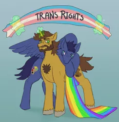 Size: 1078x1104 | Tagged: safe, artist:cottoncloudy, derpibooru import, oc, oc:butch hoof, oc:wind tail, unofficial characters only, pegasus, pony, unicorn, banner, beard, facial hair, flag, gay, gay pride flag, hooves, horn, looking at each other, magic, male, males only, oc x oc, pride, pride flag, shipping, smiling, trans male, trans pride flag, trans rights, transgender, wings