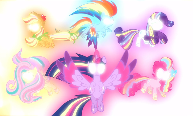 Size: 1560x938 | Tagged: safe, derpibooru import, screencap, applejack, fluttershy, pinkie pie, princess luna, rainbow dash, rarity, twilight sparkle, twilight sparkle (alicorn), alicorn, pony, do princesses dream of magic sheep, cropped, exploitable meme, floating, glowing eyes, glowing horn, group, horn, image, luna's nightmare, magic, magic aura, mane six, meme, png, rainbow power, rainbow power-ified, spread wings, wings