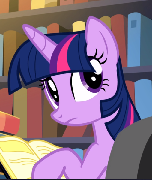 Size: 792x938 | Tagged: safe, derpibooru import, screencap, twilight sparkle, twilight sparkle (alicorn), alicorn, pony, do princesses dream of magic sheep, book, bookshelf, cropped, female, frown, image, looking back, mare, png, solo