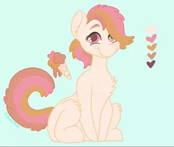 Size: 943x800 | Tagged: safe, artist:c_owokie, derpibooru import, oc, earth pony, pony, blue background, chest fluff, earth pony oc, female, fluffy, food, heart, ice cream, ice cream cone, mare, reference sheet, simple background, sitting, smiling, solo