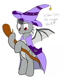 Size: 2657x3246 | Tagged: safe, artist:agreylongma, derpibooru import, oc, unofficial characters only, dracony, dragon, hybrid, longma, pony, bipedal, cape, clothes, dialogue, fangs, hat, male, red eyes, simple background, solo, spread wings, white background, wings, wizard hat