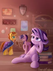 Size: 2100x2800 | Tagged: safe, artist:emeraldgalaxy, derpibooru import, starlight glimmer, sunburst, twilight sparkle, twilight sparkle (alicorn), alicorn, pony, unicorn, uncommon bond, :i, antique store, book, bored, floppy ears, high res, hoof on head, i mean i see, leaning, leaning back, magic, profile, scene interpretation, sitting, trio