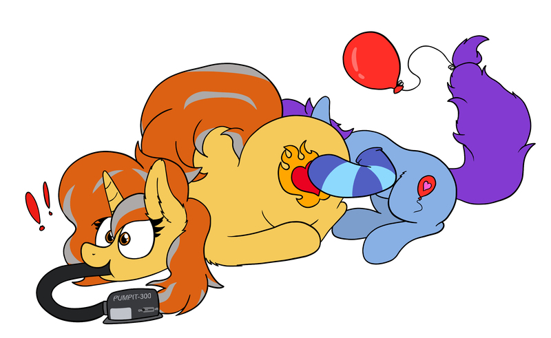 Size: 3000x1840 | Tagged: questionable, artist:aaathebap, derpibooru import, oc, oc:cinderheart, oc:mobian, unofficial characters only, pony, unicorn, air pump, balloon, butt expansion, butt grab, butt inflation, butt pillow, butt touch, clothes, commission, exclamation point, female, fetish, grope, growth, inflation, large butt, male, mare, snuggling, socks, stallion, straight, striped socks