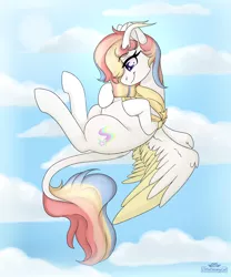 Size: 2500x3000 | Tagged: safe, artist:dreamy, artist:littledreamycat, derpibooru import, oc, oc:rainbow dreams, pegasus, pony, belly, commission, female, floating, flying, hoof on belly, horn, leonine tail, looking at belly, mare, multicolored hair, pregnant, rainbow hair, ribbon, sky, two toned wings, wings