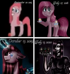 Size: 723x759 | Tagged: safe, artist:charming.1nsanity, derpibooru import, pinkie pie, earth pony, human, pony, fanfic:cupcakes, black background, blood, blue background, clothes, cupcake, dress, fanfic art, food, humanized, pinkamena diane pie, progress, purple background, redraw, simple background, smiley face, solo