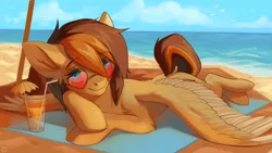 Size: 4098x2304 | Tagged: source needed, safe, artist:alkatoster, artist:lapa, derpibooru import, oc, oc:aerion featherquill, unofficial characters only, pegasus, pony, commission, eyebrows visible through hair, female, heart glasses, looking at you, mare, ocean, solo, spread wings, sunbathing, sunglasses, wings, ych result