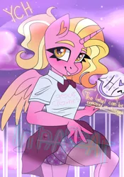 Size: 3500x5000 | Tagged: suggestive, artist:irinamar, derpibooru import, luster dawn, alicorn, anthro, :p, advertisement, alicornified, clothes, comissions open, commission, lustercorn, race swap, skirt, tongue out, upskirt, watermark, ych example, your character here
