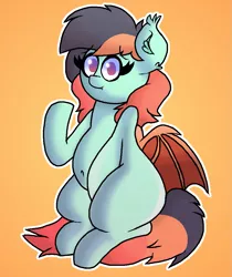 Size: 913x1086 | Tagged: safe, artist:retro_hearts, derpibooru import, oc, oc:coral reef, unofficial characters only, bat pony, pony, belly, belly button, female, gradient background, looking at you, mare, sitting, solo