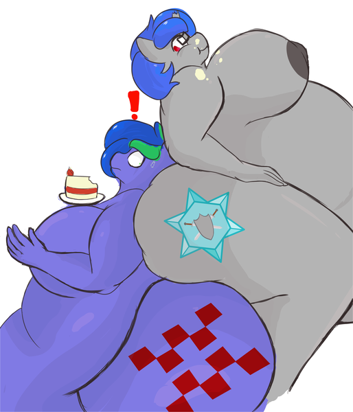 Size: 3000x3501 | Tagged: questionable, artist:epicenehs, derpibooru import, oc, oc:faithful bond, oc:felicity stars, unofficial characters only, anthro, pegasus, unicorn, ass, belly, big belly, big breasts, breasts, broken horn, butt, cake, exclamation point, fat, food, horn, large butt, nipples, nudity, obese, simple background, sitting on butt, stretched cutie mark, thighs, thunder thighs, white background