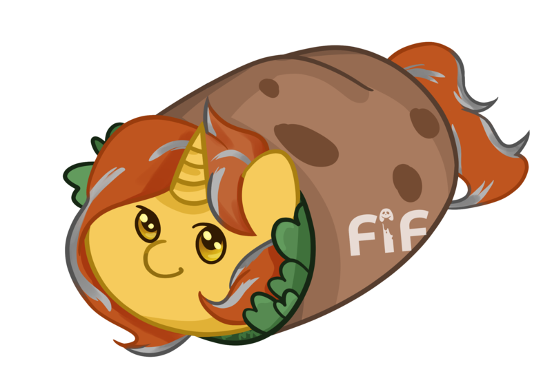 Size: 2497x1696 | Tagged: safe, artist:fluffyisfuggly, derpibooru import, oc, oc:cinderheart, unofficial characters only, pony, unicorn, burrito, burrito pony, commission, female, food, lettuce, mare, signature, simple background, smiling, transparent background, ych result