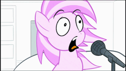 Size: 479x270 | Tagged: animated, artist:earth_pony_colds, cursed image, derpibooru import, game grumps, gif, gift art, impossibly long neck, meme, microphone, neck stretching, oc, oc:cherry bloom, parody, safe, singing, unofficial characters only, wat