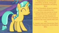 Size: 1920x1080 | Tagged: safe, derpibooru import, edit, edited screencap, editor:jaredking203, screencap, citrine spark, fire quacker, pony, unicorn, school daze, eyes closed, facts, female, friendship student, mare