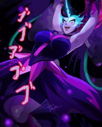 Size: 2117x2646 | Tagged: safe, artist:traupa, derpibooru import, twilight sparkle, demon, equestria girls, armpits, breasts, dark, dark fantasy, female, jojo reference, jojo's bizarre adventure, midnight sparkle, open mouth, smiling