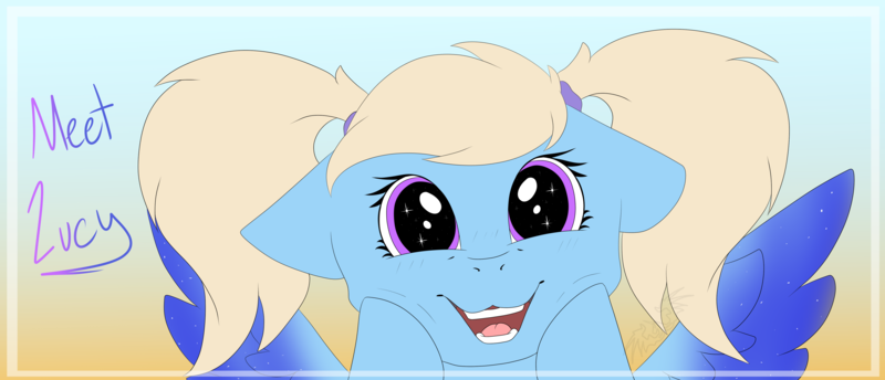 Size: 5000x2150 | Tagged: safe, artist:chazmazda, derpibooru import, oc, oc:lucy, unofficial characters only, pegasus, pony, blong hair, dissociative identity disorder, eye lashes, eye shimmer, eye shine, eye sparkles, flat color, hair, hooves, pigtails, smiling, solo, wingding eyes, wings