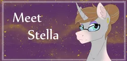 Size: 3836x1854 | Tagged: safe, artist:chazmazda, derpibooru import, oc, oc:stella, unofficial characters only, pony, unicorn, bun, bust, dissociative identity disorder, ear piercing, earring, eye shimmer, eye shine, glasses, hair, highlights, horn, jewelry, meeting, piercing, portrait, solo