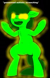 Size: 1969x3046 | Tagged: safe, artist:mellow91, artist:smoldix, derpibooru import, edit, oc, oc:anonfilly, oc:the supreme being, angry, anonymous, autism, autistic screeching, bipedal, black background, chest, chest fluff, descriptive noise, female, filly, fluffy, glowing eyes, meme, open mouth, possessed, screeching, simple background, solo, underhoof, yellow eyes