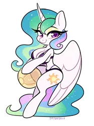 Size: 1024x1366 | Tagged: alicorn, anthro, arm hooves, artist:spindlespice, beach ball, bikini, blushing, breasts, busty princess celestia, cleavage, clothes, derpibooru import, eyeshadow, female, heart eyes, looking at you, makeup, princess celestia, semi-anthro, smiling, solo, solo female, suggestive, swimsuit, wingding eyes