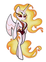 Size: 1024x1366 | Tagged: alicorn, artist:spindlespice, beauty mark, breasts, busty daybreaker, cleavage, clothes, daybreaker, derpibooru import, eyeshadow, female, frown, hoof on hip, makeup, mane of fire, semi-anthro, simple background, solo, solo female, suggestive, swimsuit, transparent background