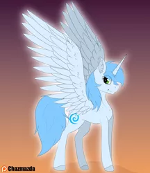 Size: 3000x3472 | Tagged: safe, artist:chazmazda, derpibooru import, oc, oc:icefumy, unofficial characters only, alicorn, pony, alicorn oc, blue hair, eye shimmer, eye shine, feather, flat color, fullbody, glow, gradient background, hair, hooves, horn, shine, solo, spread wings, wings