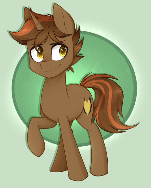 Size: 2165x2700 | Tagged: safe, artist:higgly-chan, derpibooru import, oc, oc:shadowheart, unofficial characters only, pony, unicorn, abstract background, commission, golden eyes, high res, male, raised hoof, smiling, solo, stallion