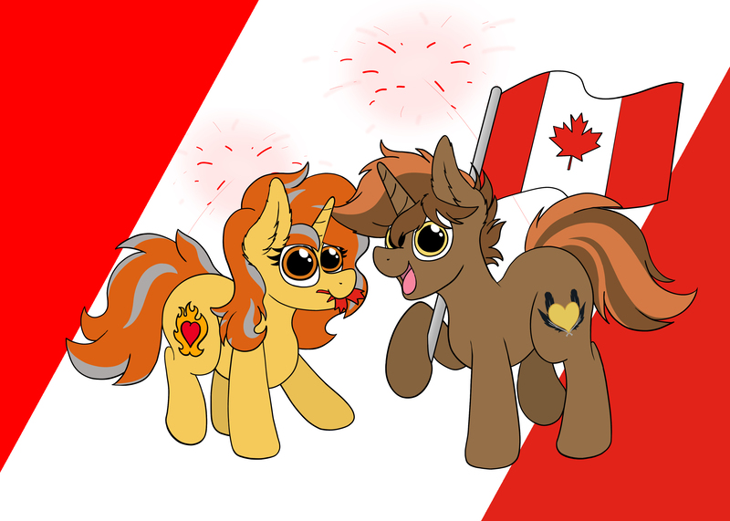 Size: 4205x3000 | Tagged: safe, artist:aaathebap, derpibooru import, oc, oc:cinderheart, oc:shadowheart, unofficial characters only, pony, unicorn, canada, canada day, canadian flag, celebration, commission, maple leaf, raised hoof, siblings, twins