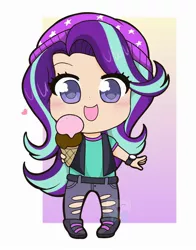 Size: 1722x2200 | Tagged: safe, artist:kittyrosie, derpibooru import, starlight glimmer, human, equestria girls, mirror magic, spoiler:eqg specials, abstract background, beanie, blushing, chibi, clothes, cute, glimmerbetes, hat, heart, human coloration, humanized, jeans, looking at you, open mouth, pants, ripped jeans, solo, that human sure does love ice cream