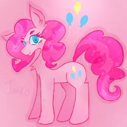 Size: 600x600 | Tagged: safe, artist:junko, derpibooru import, pinkie pie, earth pony, pony, alternate hairstyle, beanbrows, big ears, chest fluff, cute, diapinkes, ear fluff, eyebrows, eyelashes, fluffy mane, incorrect mane, looking at you, poofy mane, profile, side view, simple background, smiling, solo, sparkles, sparkly mane, standing