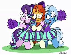 Size: 1024x793 | Tagged: safe, artist:bobthedalek, derpibooru import, starlight glimmer, sunburst, trixie, pony, unicorn, 2 4 6 greaaat, blushing, bow, cheerleader, cheerleader outfit, cheerleader starlight, cheerleader sunburst, cheerleader trixie, clothes, crossdressing, cute, diatrixes, embarrassed, female, glimmerbetes, male, male cheerleader, mare, pom pom, shrunken pupils, skirt, stallion, sunbetes, trio