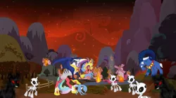 Size: 1280x718 | Tagged: army, army of darkness, artist:swiftgaiathebrony, bell, bone, burning, cosmageddon, cosmos (character), darkness, derpibooru import, fight, grogar, grogar's bell, idw, ponyville, red sky, safe, shadow, skeleton, skeleton pony