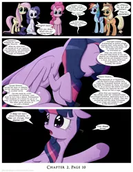 Size: 1200x1552 | Tagged: safe, artist:deusexequus, derpibooru import, applejack, fluttershy, pinkie pie, rainbow dash, rarity, twilight sparkle, alicorn, earth pony, pegasus, comic:fix, applejack's hat, black background, comic, cowboy hat, crying, hat, implied cozy glow, implied lord tirek, implied queen chrysalis, mane six, simple background, speech bubble