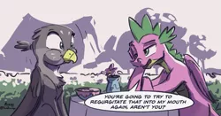 Size: 1813x951 | Tagged: safe, artist:kam, banned from derpibooru, deleted from derpibooru, derpibooru import, gabby, spike, dragon, gryphon, behaving like a bird, dialogue, female, griffons doing bird things, implied vomit, male, shipping, spabby, speech bubble, straight