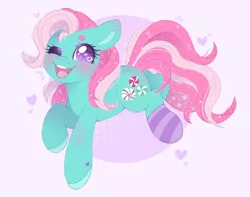 Size: 1886x1489 | Tagged: safe, artist:adostume, derpibooru import, minty, earth pony, pony, blushing, circle background, clothes, cute, cutie mark, female, happy, heart eyes, mare, one eye closed, open mouth, simple background, smiling, socks, solo, sparkles, striped socks, teeth, wingding eyes, wink