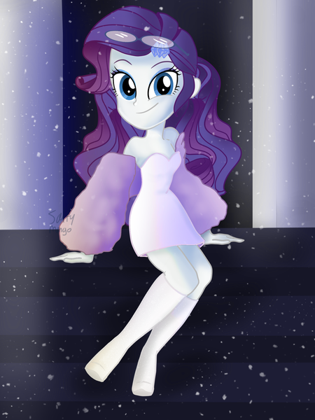 Size: 1536x2048 | Tagged: safe, artist:saltymango, derpibooru import, rarity, equestria girls, adorable face, alternate clothes, alternate hairstyle, bare shoulders, boots, clothes, cute, fashion, female, glasses, looking at you, raribetes, shoes, sitting, smiling, smiling at you, solo