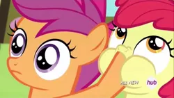 Size: 1280x720 | Tagged: safe, derpibooru import, screencap, apple bloom, scootaloo, sweetie belle, earth pony, pegasus, pony, unicorn, somepony to watch over me, cutie mark crusaders, duo, duo female, duo focus, female, hoof in mouth, hub logo, looking up, puffy cheeks