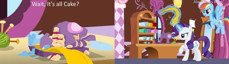 Size: 5120x1440 | Tagged: 28 pranks later, cake, carousel boutique, derpibooru import, edit, edited screencap, everything is cake, exploitable meme, food, gun, meme, rainbow dash, rarity, safe, screencap, this will end in death, weapon