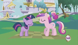 Size: 475x273 | Tagged: safe, derpibooru import, screencap, princess cadance, twilight sparkle, alicorn, pony, unicorn, a canterlot wedding, animated, butt shake, canterlot, clapping ponies, cute, female, filly, filly twilight sparkle, foal, foalsitter, friendship chant, gif, hiding, hoof touching, hub logo, laughing, laying on floor, laying on ground, peekaboo, sunshine sunshine, teen princess cadance, trotting, younger