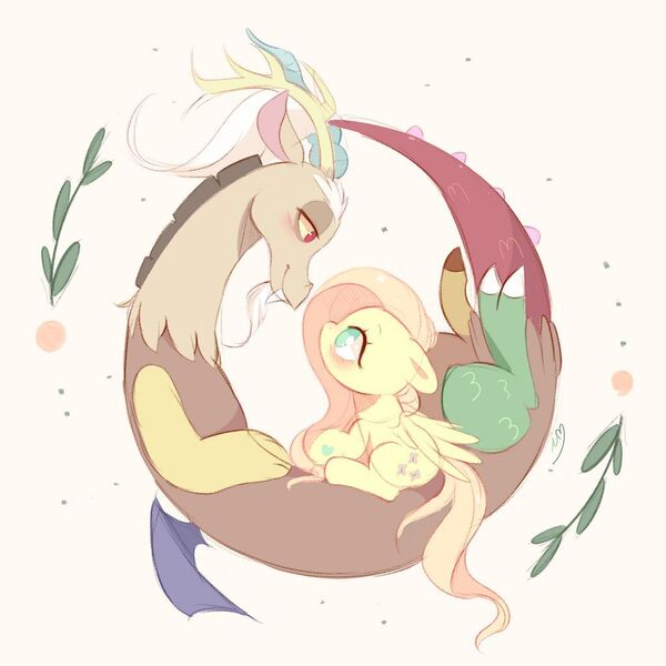 Size: 1024x1024 | Tagged: safe, artist:ipun, derpibooru import, discord, fluttershy, draconequus, pegasus, pony, bedroom eyes, blushing, curled up, cute, discoshy, eye contact, female, floppy ears, looking at each other, male, mare, no pupils, profile, shipping, sitting, straight, wings