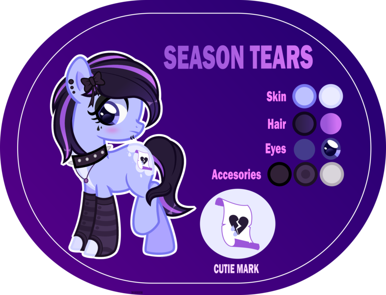 Size: 4000x3052 | Tagged: safe, artist:n0kkun, derpibooru import, oc, oc:season tears, unofficial characters only, earth pony, pony, blushing, bow, choker, clothes, ear piercing, earring, eyeshadow, female, hair bow, jewelry, lip piercing, makeup, mare, markings, necklace, piercing, purple background, raised leg, reference sheet, simple background, socks, solo, spiked choker, striped socks