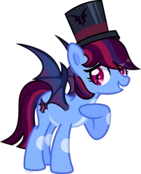 Size: 4843x6000 | Tagged: safe, artist:n0kkun, derpibooru import, oc, oc:red light delight, unofficial characters only, bat pony, pony, bat pony oc, bat wings, fangs, female, grin, hat, magician, mare, markings, multicolored hair, raised hoof, simple background, smiling, solo, top hat, transparent background, wings