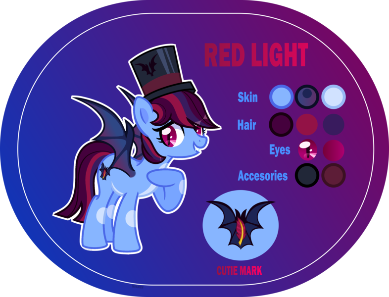 Size: 3000x2289 | Tagged: safe, artist:n0kkun, derpibooru import, oc, oc:red light delight, unofficial characters only, bat pony, pony, bat pony oc, bat wings, fangs, female, gradient background, grin, hat, magician, mare, markings, multicolored hair, raised hoof, reference sheet, smiling, solo, top hat, wings