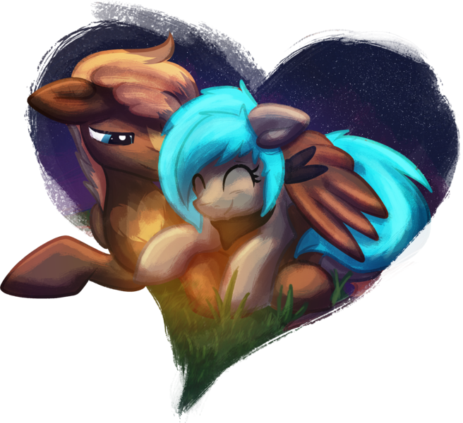 Size: 3529x3226 | Tagged: safe, artist:amura-ofjupiter, derpibooru import, oc, oc:sorajona, oc:sorajona darkwing, oc:stormfire, oc:stormfire darkwing, earth pony, pegasus, anniversary, bandana, couple, cuddling, cute, duo, eyes closed, female, floppy ears, fluffy, grass, heart shaped, hug, laying on stomach, love, male, mare, night, oc x oc, pair, pegasus oc, scene hair, shading, shipping, simple background, snuggling, stallion, stars, tail fluff, transparent background, winghug, wings