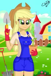 Size: 917x1379 | Tagged: safe, artist:cafakero, derpibooru import, applejack, equestria girls, fence, flower, flower pot, gardener, shovel, solo, trowel